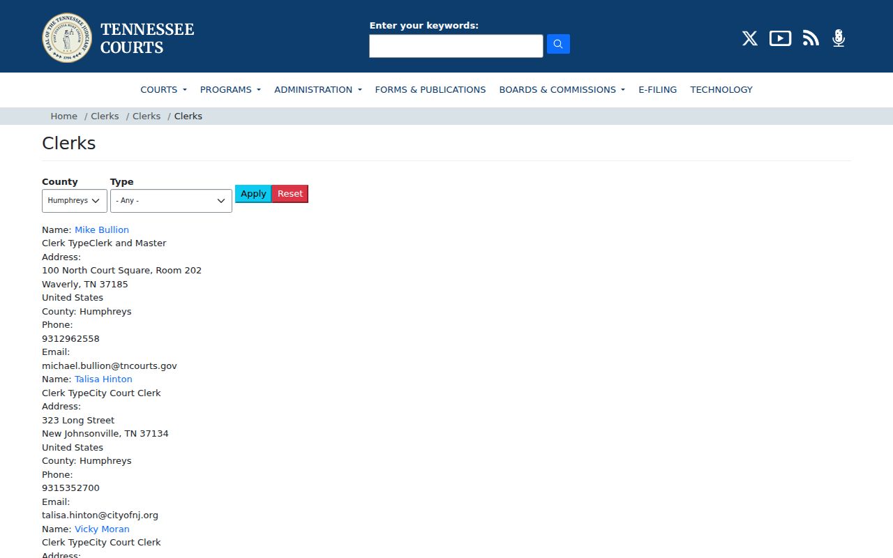 Humphreys County court clerk contacts for release records